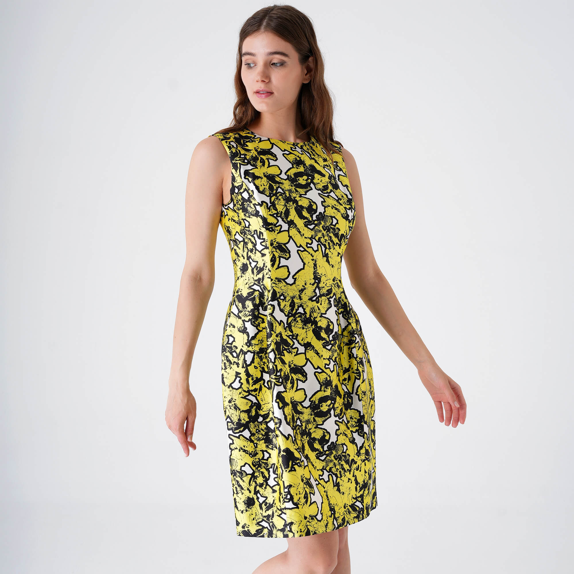 Oscar De La Renta - Neon Yellow&White Floral V Neck Dress